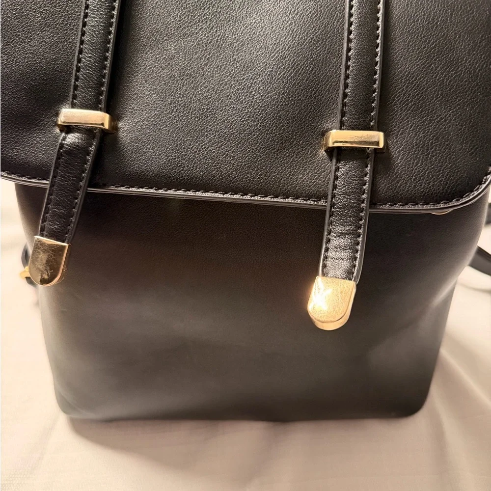 Classic Black Faux Leather Backpack with Gold Accents